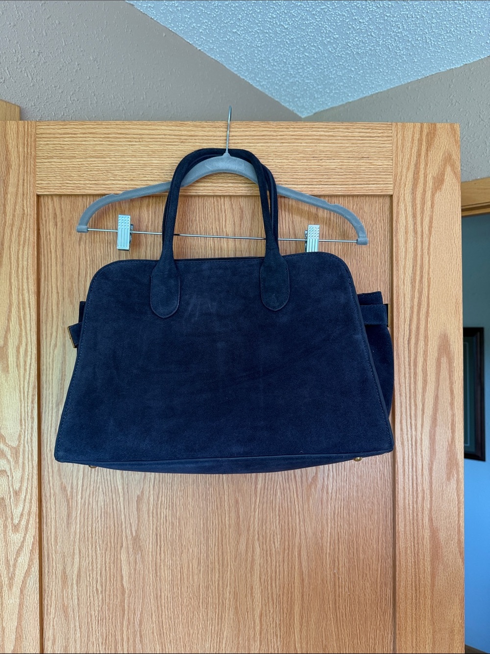 Suede Top-Handle Tote Bag in Dark Navy